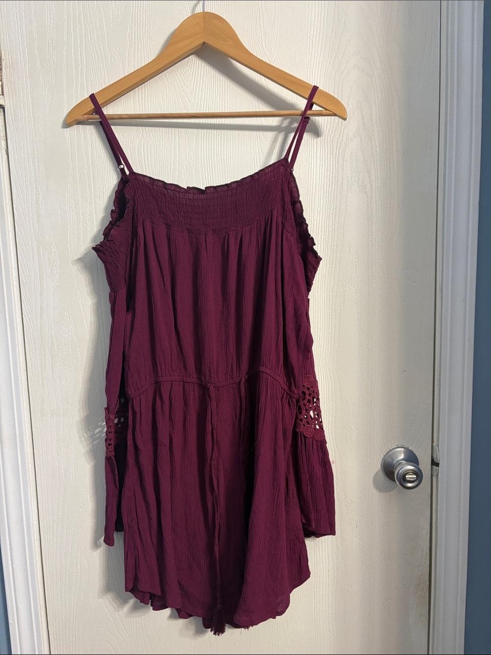 Crochet-Trim Smocked Mini Dress in Plum